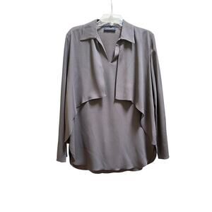 Piazza Sempione Gray Layered Crepe Long Sleeve Collared Split Neck Blouse IT 42
